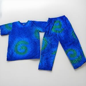 Rima Beach Hawaiian Matching Set Shirt Pants Large Silky Salt Dye Blue Green VTG